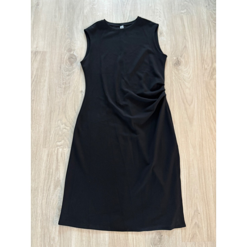 VSX Midi Dress Women XXL Black‎ Ruched Side Slit Sleeveless Crew Neck Draped